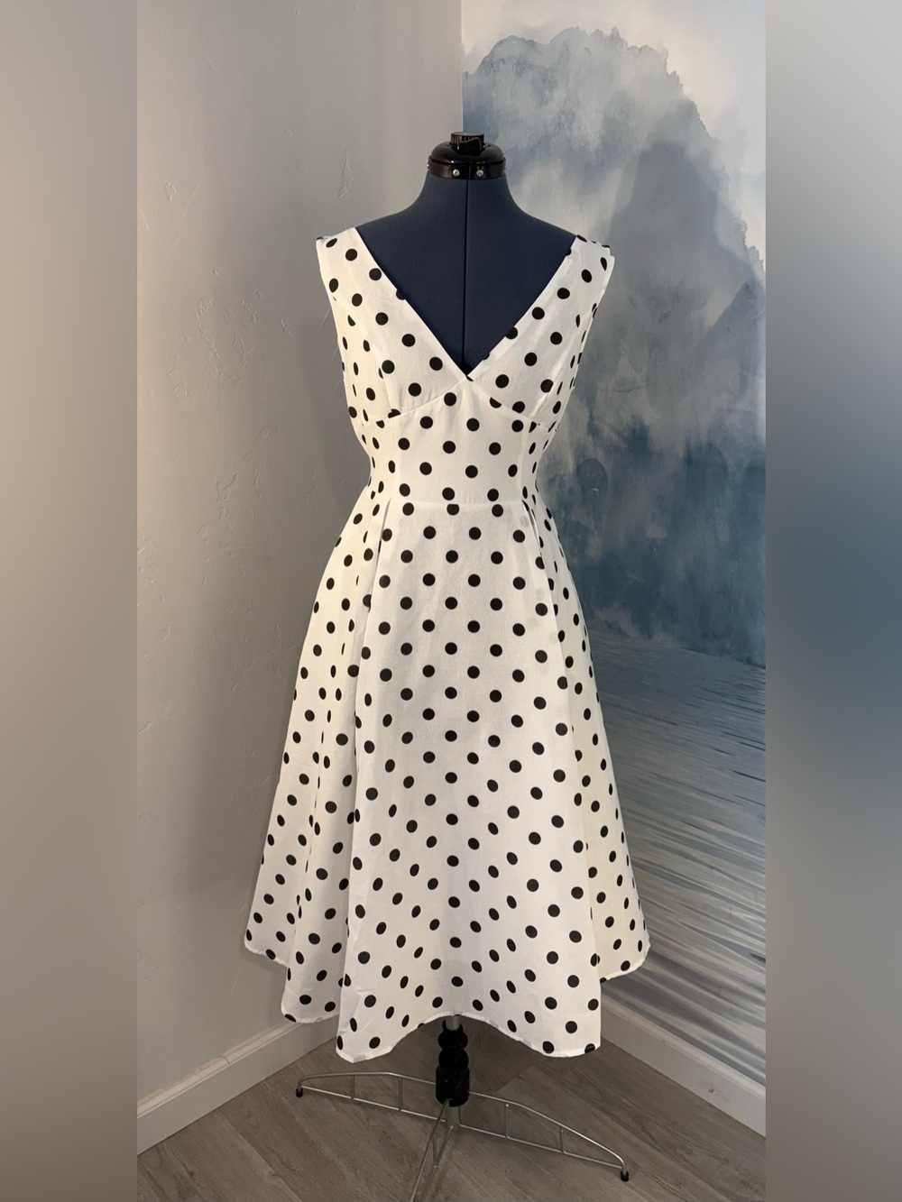 Polka Dot V-Neck Midi Dress in White and Black #399